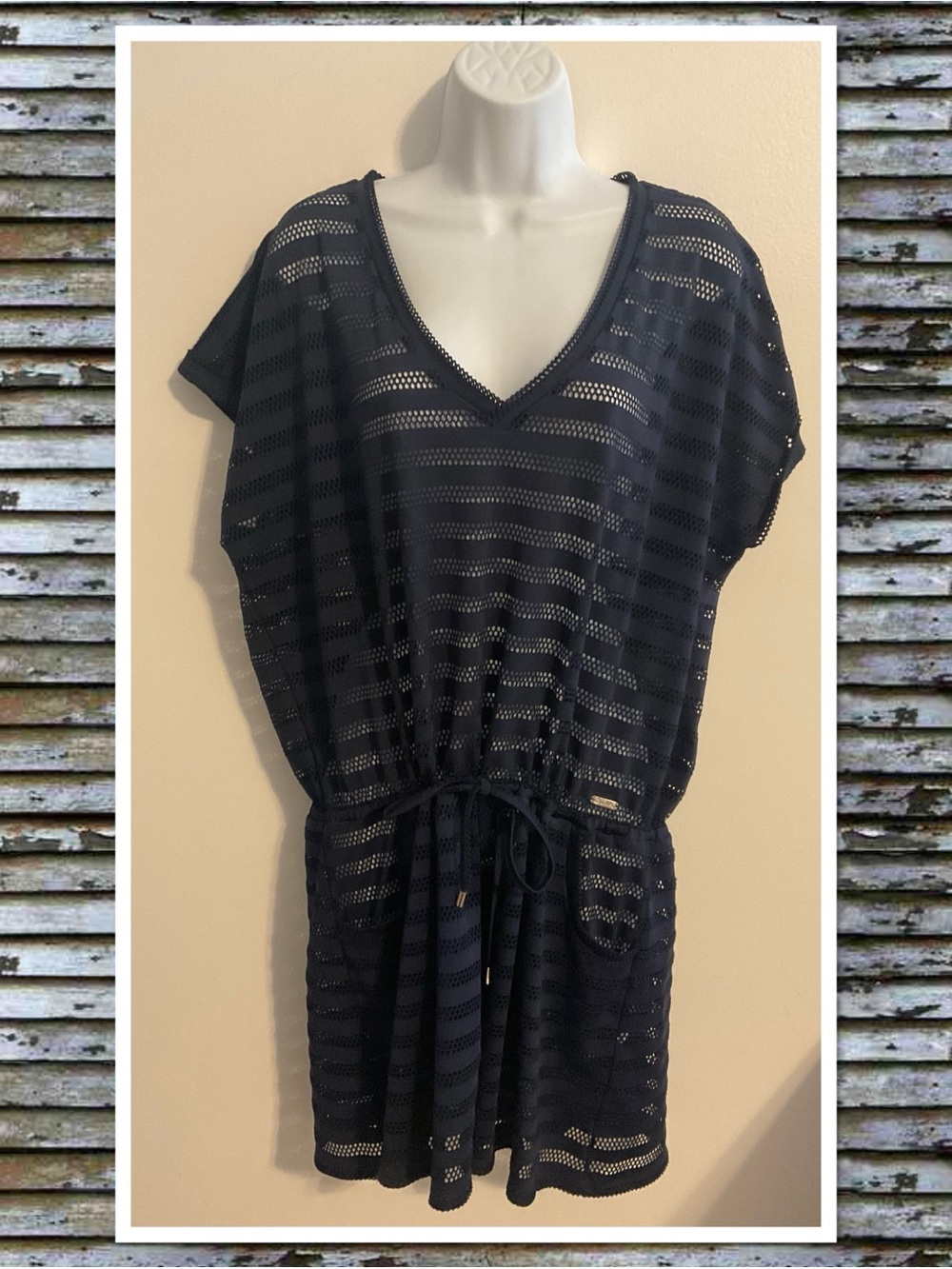 Calvin Klein Navy Open-Knit V-Neck Swim Cover-Up